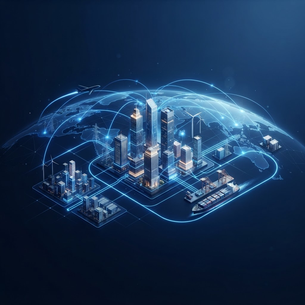 Abstract visualization of global infrastructure, aviation and connectivity